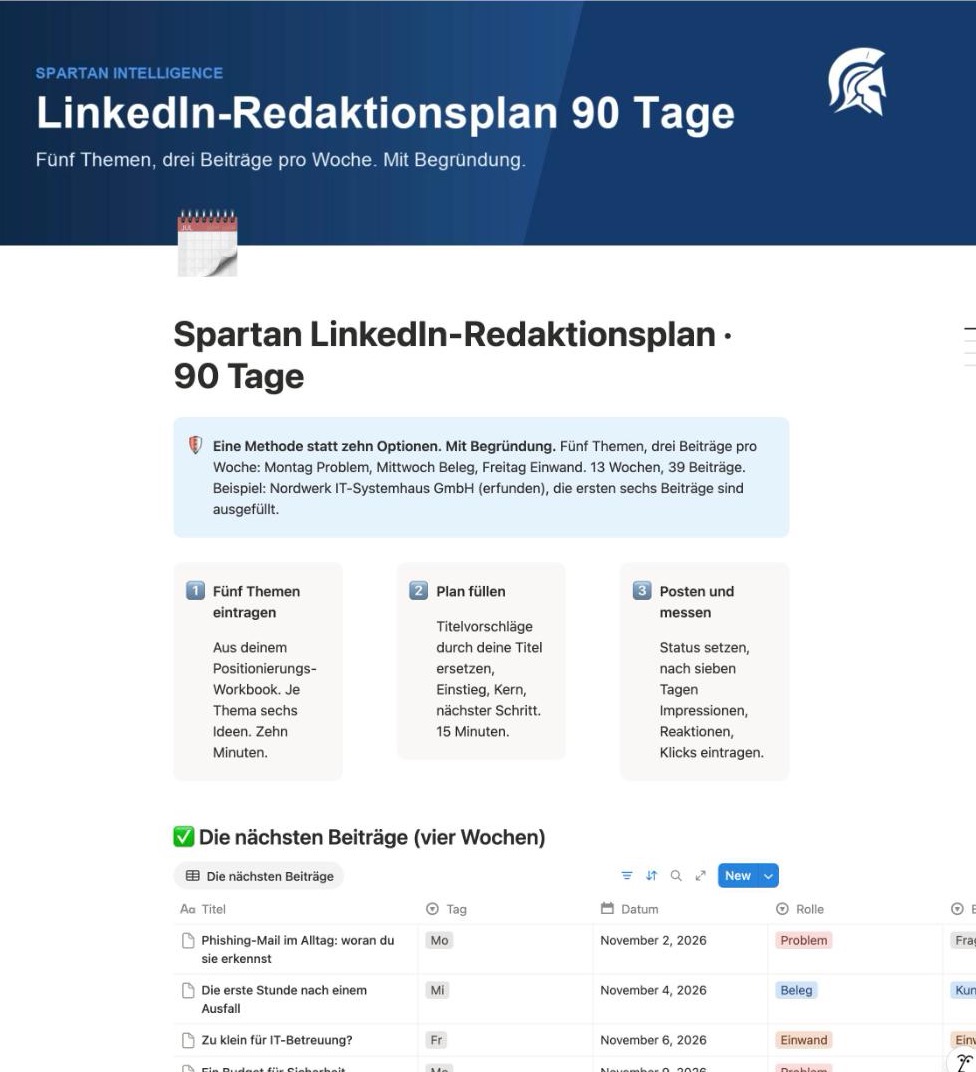 Notion-Vorlage LinkedIn-Redaktionsplan, 90 Tage